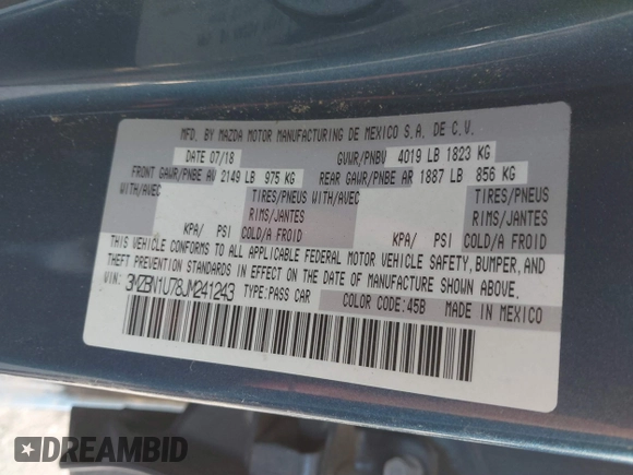 2018 Mazda 3 Sport with VIN 3MZBN1U78JM241243, listed as a IAAI auction lot 41519298 with Not Provided miles and . Bid and sale history available at DreamBid. Image 9.