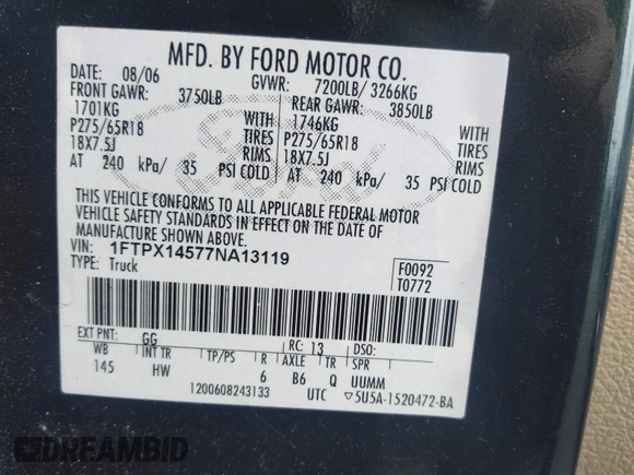 2007 Ford F-150 XLT with VIN 1FTPX14577NA13119, listed as a IAAI auction lot 42691232 with 165,968 mi miles and . Bid and sale history available at DreamBid. Image 9.