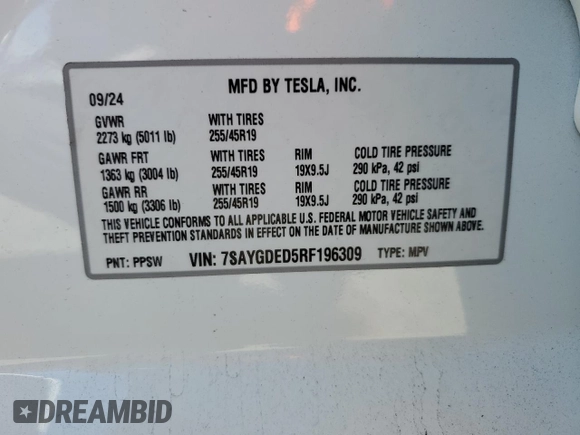 2024 Tesla Model Y with VIN 7SAYGDED5RF196309, listed as a Copart auction lot 44608545 with 7,226 mi miles and Salvage Title. Bid and sale history available at DreamBid. Image 14.