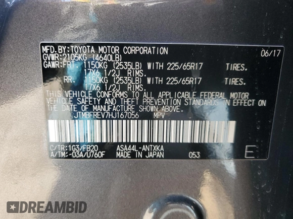 2017 Toyota RAV4 LE with VIN JTMBFREV7HJ167056, listed as a Copart auction lot 54156215 with 93,475 mi miles and Salvage Title. Bid and sale history available at carsss.com. Image 13.