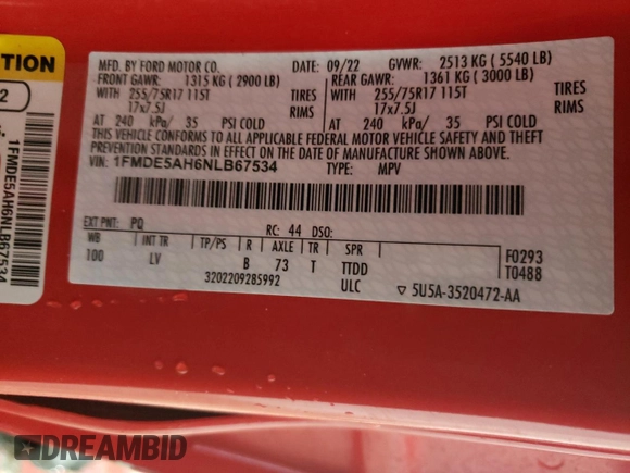 2022 Ford Bronco z VIN 1FMDE5AH6NLB67534, wystawiony jako Copart lot #44528055 z przebiegiem 20 937 mil mil oraz Szkoda całkowita • Salvage title. Historia ofert i sprzedaży dostępna na DreamBid. Obrazek 13.
