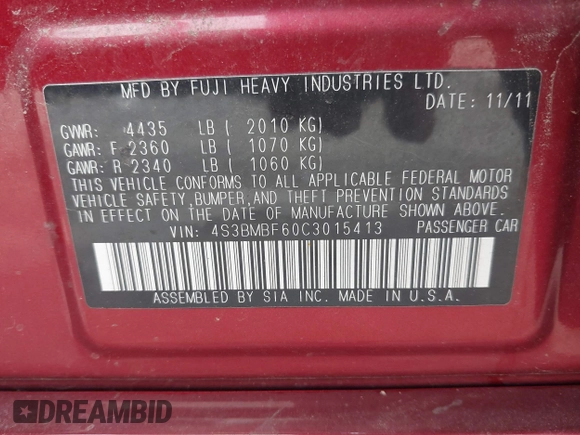 2012 Subaru Legacy Premium with VIN 4S3BMBF60C3015413, listed as a IAAI auction lot 42579590 with 186,399 mi miles and . Bid and sale history available at DreamBid. Image 9.