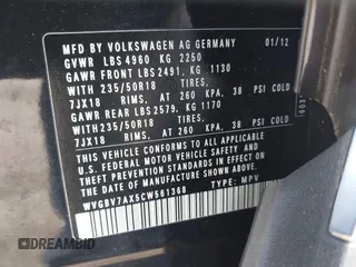 2012 Volkswagen Tiguan SE with VIN WVGBV7AX5CW561368, listed as a IAAI auction lot 42197389 with 63,809 mi miles and . Bid and sale history available at DreamBid. Image 9.