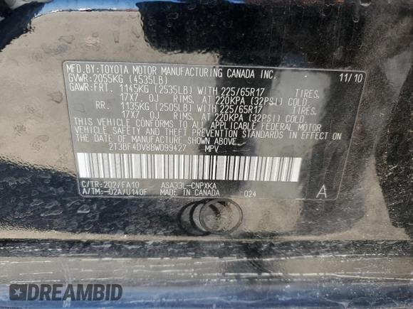 2011 Toyota RAV4 with VIN 2T3BF4DV8BW099427, listed as a Copart auction lot 51996565 with 168,489 mi miles and Salvage Title. Bid and sale history available at carsss.com. Image 15.
