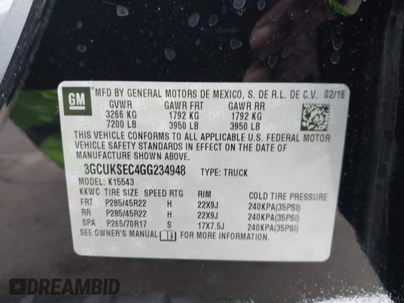 2016 Chevrolet Silverado 1500 LTZ with VIN 3GCUKSEC4GG234948, listed as a IAAI auction lot 41777669 with 22,864 mi miles and . Bid and sale history available at DreamBid. Image 9.