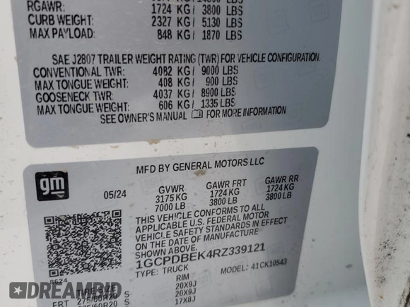 2024 Chevrolet Silverado 1500 Custom with VIN 1GCPDBEK4RZ339121, listed as a Copart auction lot 86582474 with Not Provided miles and Salvage Title. Bid and sale history available at DreamBid. Image 12.