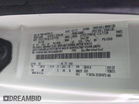 2012 Ford Econoline Passenger XL with VIN 1FBNE3BL3CDA98393, listed as a IAAI auction lot 42032460 with 139,564 mi miles and . Bid and sale history available at DreamBid. Image 9.