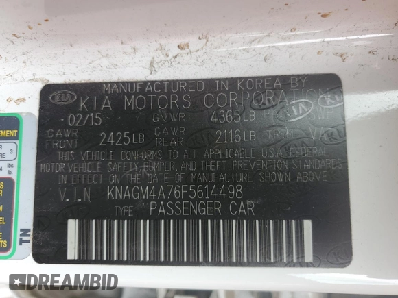 2015 Kia Optima LX with VIN KNAGM4A76F5614498, listed as a Copart auction lot 54376015 with 140,889 mi miles and Clean title. Bid and sale history available at DreamBid. Image 12.
