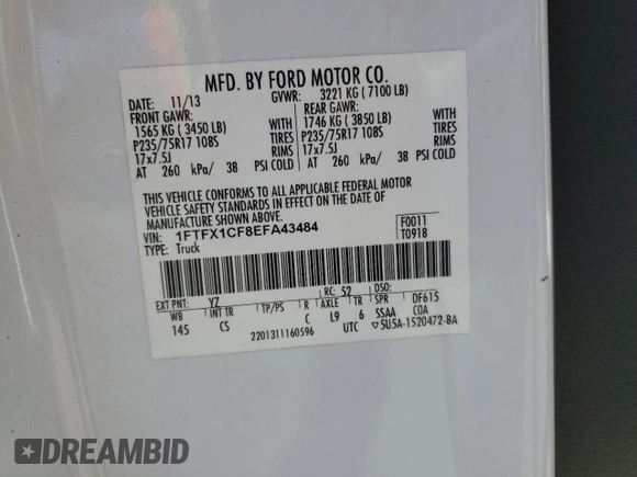 2014 Ford F-150 XL with VIN 1FTFX1CF8EFA43484, listed as a Copart auction lot 87995595 with 111,993 mi miles and Salvage title. Bid and sale history available at DreamBid. Image 14.