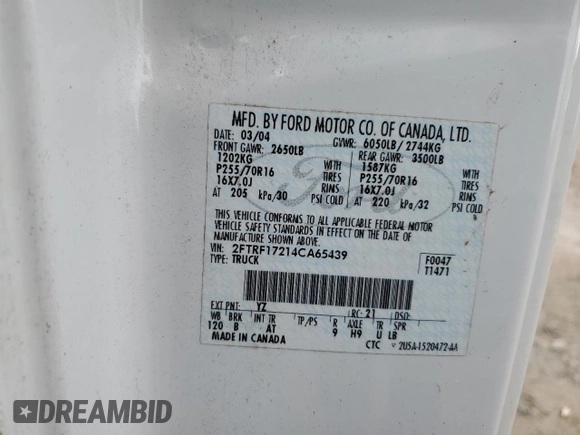 2004 Ford F-150 XL с VIN 2FTRF17214CA65439, выставлен на аукционе Copart как лот 54226865 с пробегом 173 927 миль миль и Списание • Salvage title. История ставок и продаж доступна на DreamBid. Изображение 12.