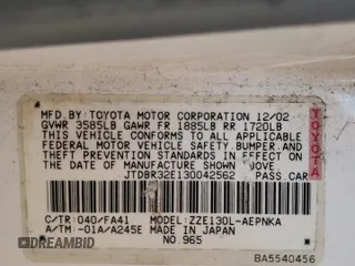 2003 Toyota Corolla CE with VIN JTDBR32E130042562, listed as a Copart auction lot 54989255 with 240,798 mi miles and Clean Title. Bid and sale history available at DreamBid. Image 12.