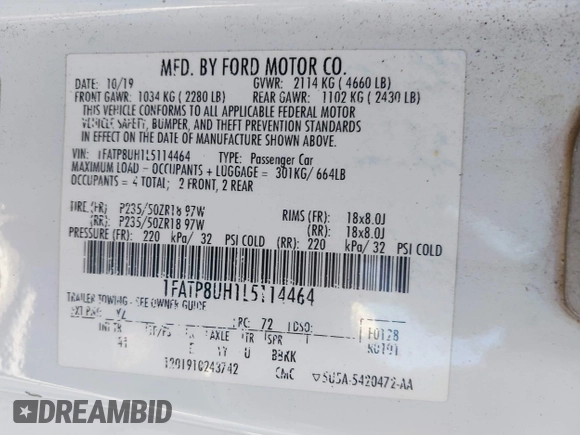 2020 Ford Mustang EcoBoost with VIN 1FATP8UH1L5114464, listed as a IAAI auction lot 41611456 with Not Provided miles and . Bid and sale history available at DreamBid. Image 9.