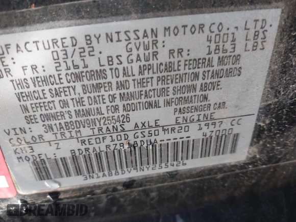 2022 Nissan Sentra SR with VIN 3N1AB8DV9NY255426, listed as a IAAI auction lot 41641438 with 23,066 mi miles. Bid and sale history available at carsss.com. Image 9.