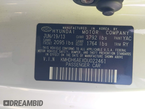 2013 Hyundai Elantra GS z VIN KMHDH6AEXDU022461, wystawiony jako IAAI lot #42351335 z przebiegiem 160 697 mil mil oraz . Historia ofert i sprzedaży dostępna na DreamBid. Obrazek 9.