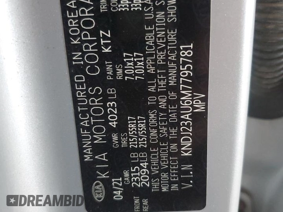 2021 Kia Soul S with VIN KNDJ23AU6M7795781, listed as a Copart auction lot 54271365 with 62,716 mi miles and Salvage Title. Bid and sale history available at DreamBid. Image 13.