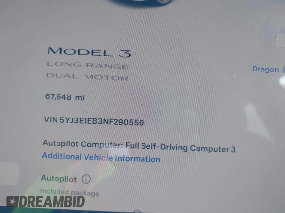 2022 Tesla Model 3 Long Range with VIN 5YJ3E1EB3NF290550, listed as a IAAI auction lot 41826287 with 67,648 mi miles and . Bid and sale history available at DreamBid. Image 7.