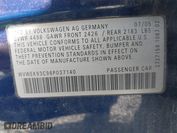 2006 Volkswagen Passat Lux z VIN WVWEK93C96P037140, wystawiony jako IAAI lot #41992259 z przebiegiem 148 819 mil mil oraz . Historia ofert i sprzedaży dostępna na DreamBid. Obrazek 9.