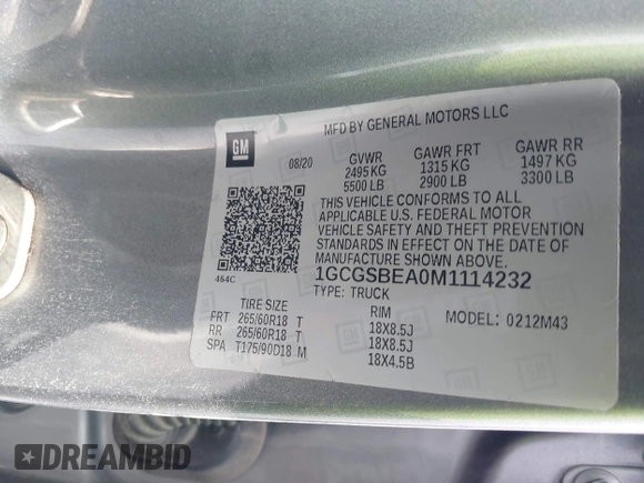 2021 Chevrolet Colorado 2WD Work Truck with VIN 1GCGSBEA0M1114232, listed as a IAAI auction lot 42756438 with 54,308 mi miles and . Bid and sale history available at DreamBid. Image 9.