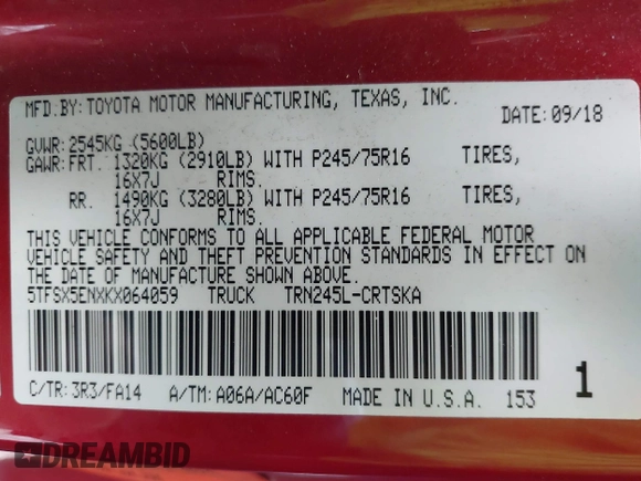 2019 Toyota Tacoma SR with VIN 5TFSX5ENXKX064059, listed as a IAAI auction lot 40901024 with 108,527 mi miles and . Bid and sale history available at DreamBid. Image 9.