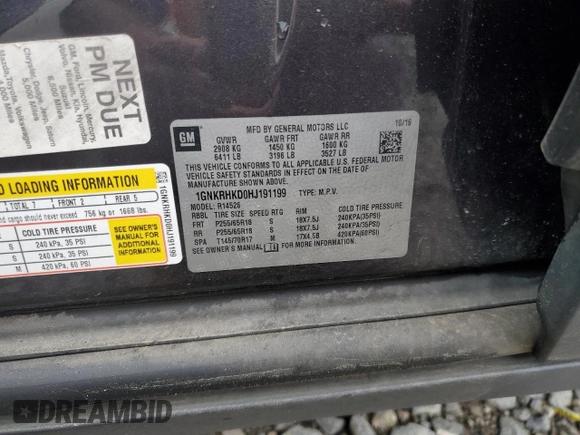 2017 Chevrolet Traverse LT with VIN 1GNKRHKD0HJ191199, listed as a Copart auction lot 48226425 with 169,886 mi miles and Salvage Title. Bid and sale history available at DreamBid. Image 14.