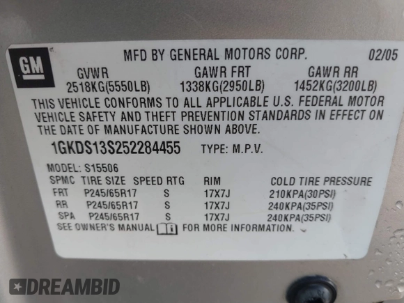 2005 GMC Envoy SLE with VIN 1GKDS13S252284455, listed as a IAAI auction lot 41455172 with 171,559 mi miles and . Bid and sale history available at DreamBid. Image 9.