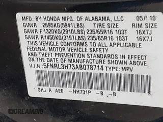 2010 Honda Odyssey EX-L with VIN 5FNRL3H73AB078714, listed as a IAAI auction lot 41520151 with 218,466 mi miles and . Bid and sale history available at DreamBid. Image 9.