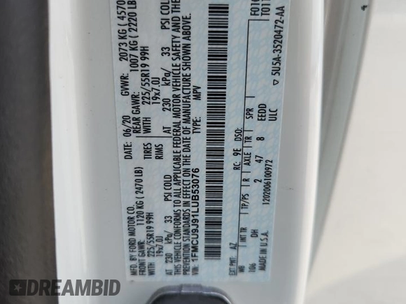 2020 Ford Escape Titanium z VIN 1FMCU9J91LUB53076, wystawiony jako Copart lot #64008765 z przebiegiem Nie podano mil oraz Nie do naprawy • Non repairable. Historia ofert i sprzedaży dostępna na DreamBid. Obrazek 13.
