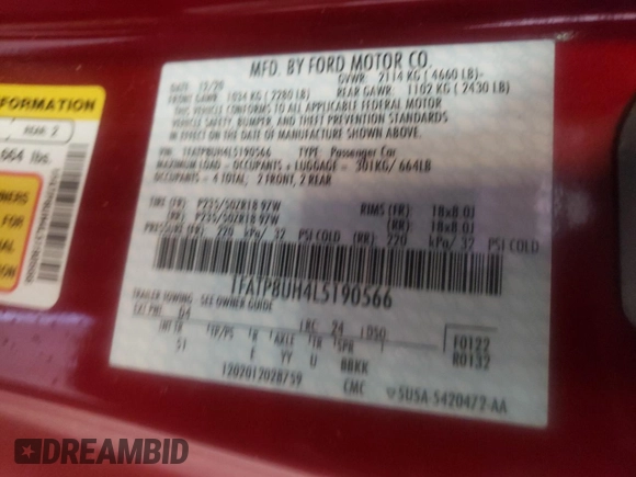 2020 Ford Mustang EcoBoost с VIN 1FATP8UH4L5190566, выставлен на аукционе Copart как лот 60903755 с пробегом 31 902 миль миль и Списание • Salvage title. История ставок и продаж доступна на DreamBid. Изображение 12.