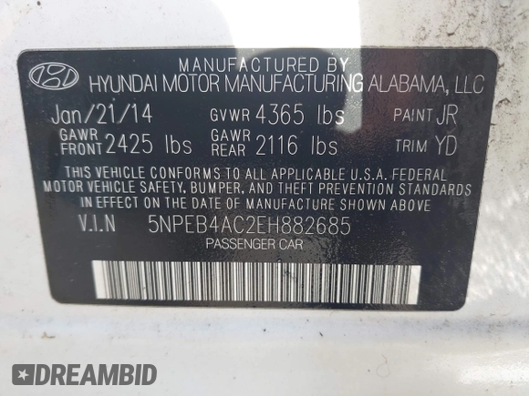 2014 Hyundai Sonata GLS with VIN 5NPEB4AC2EH882685, listed as a IAAI auction lot 42125895 with 68,669 mi miles and . Bid and sale history available at carsss.com. Image 9.