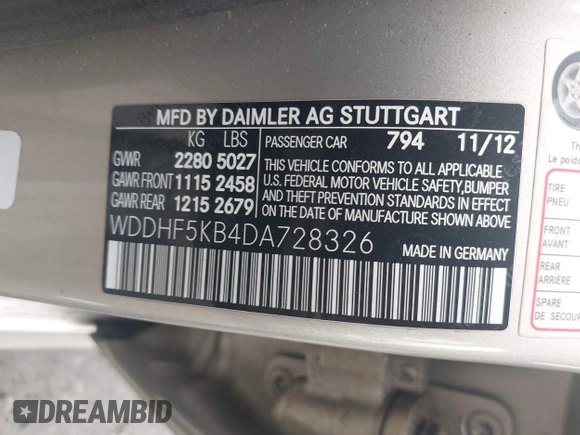 2013 Mercedes-Benz E 350 Luxury with VIN WDDHF5KB4DA728326, listed as a IAAI auction lot 42097905 with 120,370 mi miles and . Bid and sale history available at DreamBid. Image 8.