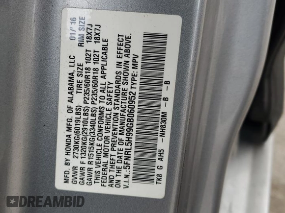 2016 Honda Odyssey Touring Elite with VIN 5FNRL5H99GB060952, listed as a Copart auction lot 78025674 with 139,964 mi miles and Salvage Title. Bid and sale history available at DreamBid. Image 13.