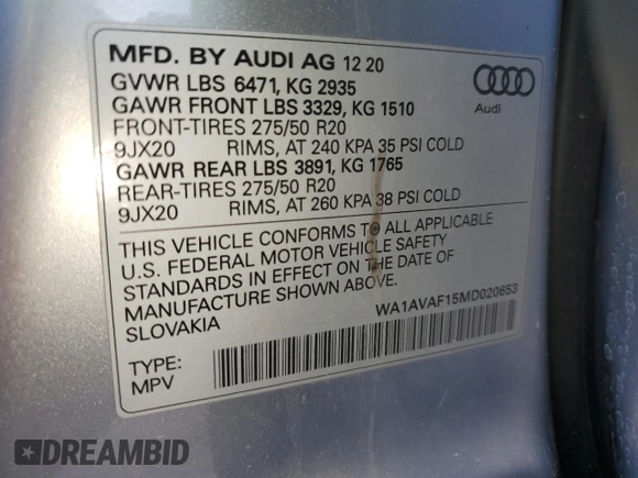 2021 Audi Q8 Premium z VIN WA1AVAF15MD020653, wystawiony jako Copart lot #55220895 z przebiegiem 68 826 mil mil oraz Tytuł czysty. Historia ofert i sprzedaży dostępna na DreamBid. Obrazek 14.
