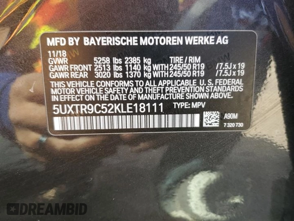 2019 BMW X3 xDrive30i with VIN 5UXTR9C52KLE18111, listed as a Copart auction lot 54522805 with 98,927 mi miles and Clean Title. Bid and sale history available at DreamBid. Image 13.