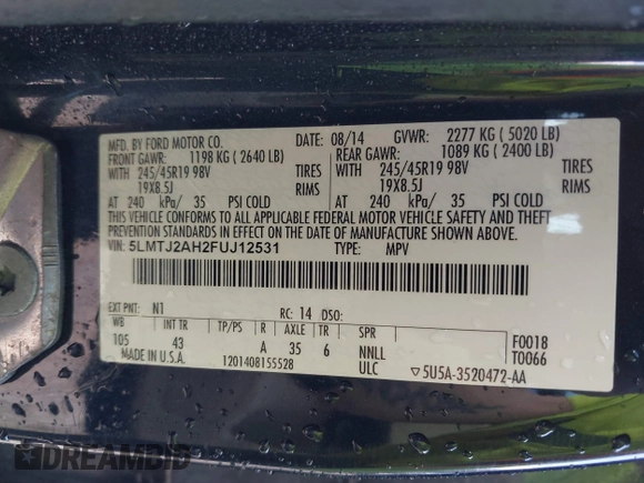 2015 Lincoln MKC with VIN 5LMTJ2AH2FUJ12531, listed as a IAAI auction lot 41639903 with 112,835 mi miles. Bid and sale history available at carsss.com. Image 9.