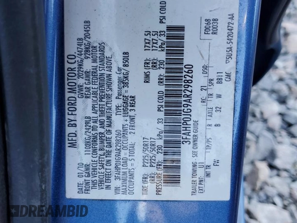 2010 Ford Fusion SEL with VIN 3FAHP0JG9AR298260, listed as a Copart auction lot 51823575 with Not Provided miles and Salvage Title. Bid and sale history available at DreamBid. Image 12.