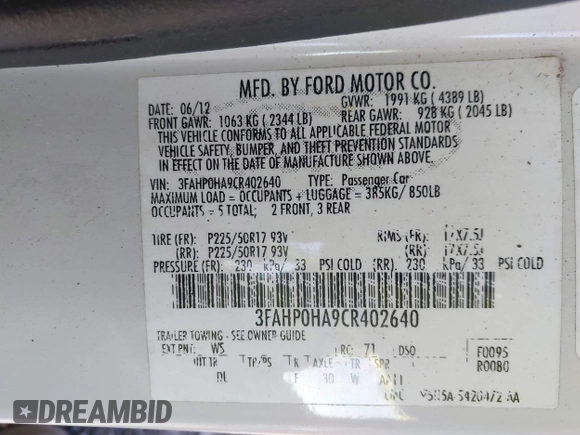 2012 Ford Fusion SE with VIN 3FAHP0HA9CR402640, listed as a IAAI auction lot 42052610 with 210,441 mi miles and . Bid and sale history available at carsss.com. Image 9.