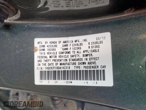 2013 Honda Accord LX z VIN 1HGCR2F39DA142218, wystawiony jako Copart lot #55621635 z przebiegiem 109 215 mil mil oraz Szkoda całkowita • Salvage title. Historia ofert i sprzedaży dostępna na DreamBid. Obrazek 12.