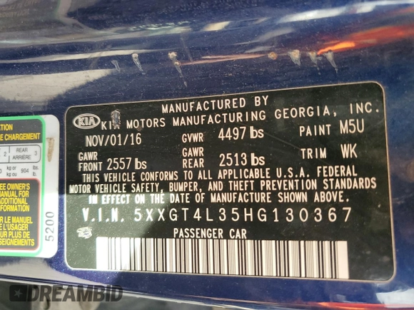 2017 Kia Optima LX with VIN 5XXGT4L35HG130367, listed as a Copart auction lot 72572114 with Not Provided miles and Clean Title. Bid and sale history available at carsss.com. Image 12.