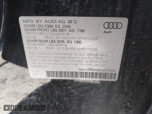 2013 Audi Q5 Premium with VIN WA1CFAFP0DA007630, listed as a IAAI auction lot 41824831 with 149,558 mi miles and . Bid and sale history available at DreamBid. Image 9.