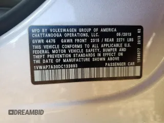 2013 Volkswagen Passat Wolfsburg Edition z VIN 1VWAP7A30DC133893, wystawiony jako Copart lot #82477184 z przebiegiem 136 344 mil mil oraz Szkoda całkowita • Salvage title. Historia ofert i sprzedaży dostępna na DreamBid. Obrazek 14.