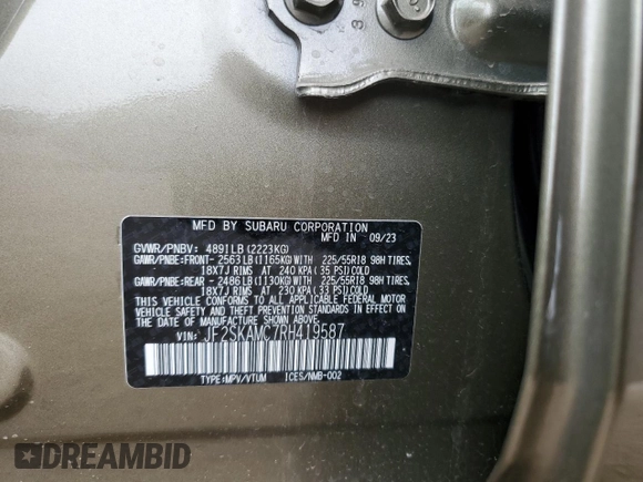 2024 Subaru Forester Touring with VIN JF2SKAMC7RH419587, listed as a Copart auction lot 57151525 with 8,830 mi miles and Salvage title. Bid and sale history available at DreamBid. Image 12.