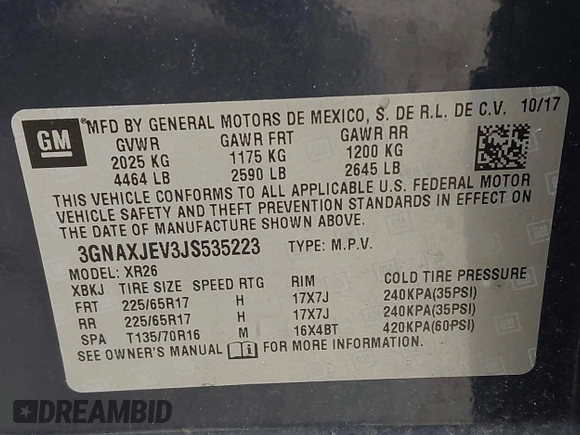 2018 Chevrolet Equinox LT with VIN 3GNAXJEV3JS535223, listed as a IAAI auction lot 41732248 with 130,761 mi miles and . Bid and sale history available at DreamBid. Image 9.