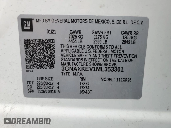 2021 Chevrolet Equinox LT with VIN 3GNAXKEV1ML353301, listed as a Copart auction lot 51380105 with 88,057 mi miles and Salvage Title. Bid and sale history available at DreamBid. Image 16.