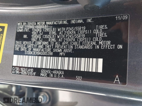 2010 Toyota Highlander Limited with VIN 5TDDK3EH9AS005398, listed as a IAAI auction lot 42083774 with 230,309 mi miles and . Bid and sale history available at DreamBid. Image 9.