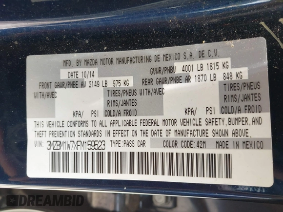 2015 Mazda 3 i Grand Touring with VIN 3MZBM1W7XFM159523, listed as a IAAI auction lot 42632014 with 119,195 mi miles and . Bid and sale history available at DreamBid. Image 9.