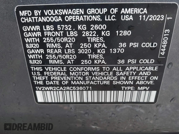 2024 Volkswagen Atlas SE with VIN 1V2WR2CA2RC536071, listed as a IAAI auction lot 42087700 with 38,879 mi miles and . Bid and sale history available at DreamBid. Image 9.