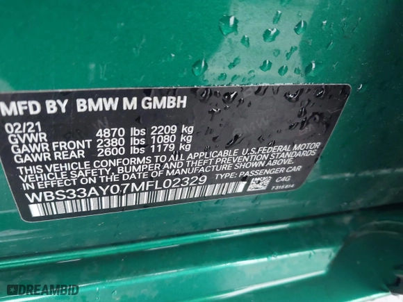 2021 BMW M3 Competition with VIN WBS33AY07MFL02329, listed as a IAAI auction lot 41783136 with 38,133 mi miles. Bid and sale history available at carsss.com. Image 9.