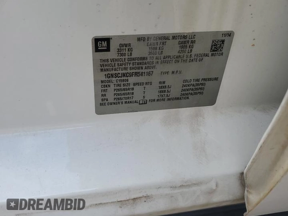 2015 Chevrolet Suburban LT with VIN 1GNSCJKC9FR541167, listed as a Copart auction lot 57051725 with Not provided miles and Salvage title. Bid and sale history available at DreamBid. Image 12.