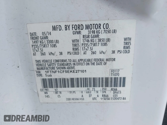 2014 Ford F-150 XL с VIN 1FTNF1CF5EKE27101, выставлен на аукционе IAAI как лот 42328603 с пробегом 59 838 миль миль и . История ставок и продаж доступна на DreamBid. Изображение 9.