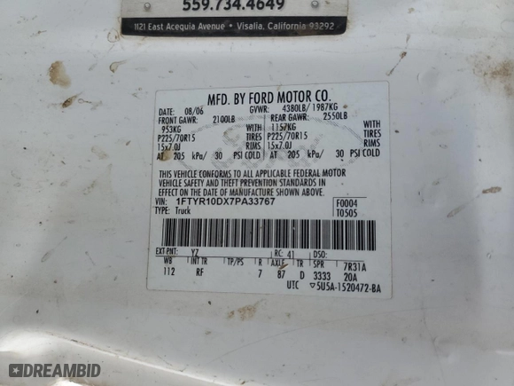 2007 Ford Ranger XL with VIN 1FTYR10DX7PA33767, listed as a Copart auction lot 86562704 with 0 mi miles and Non Repairable. Bid and sale history available at carsss.com. Image 12.